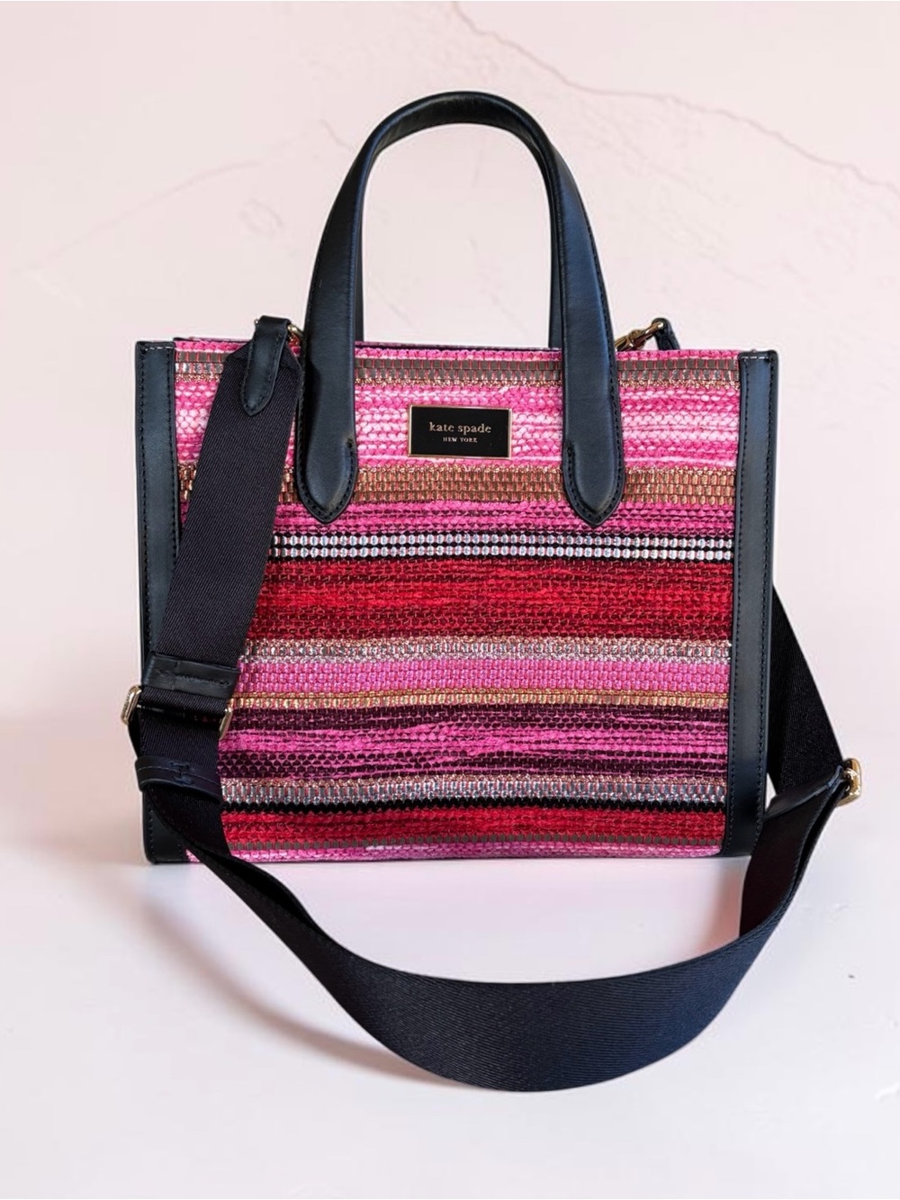 kate spade Pink and Red Striped Straw Satchel with Black Trim